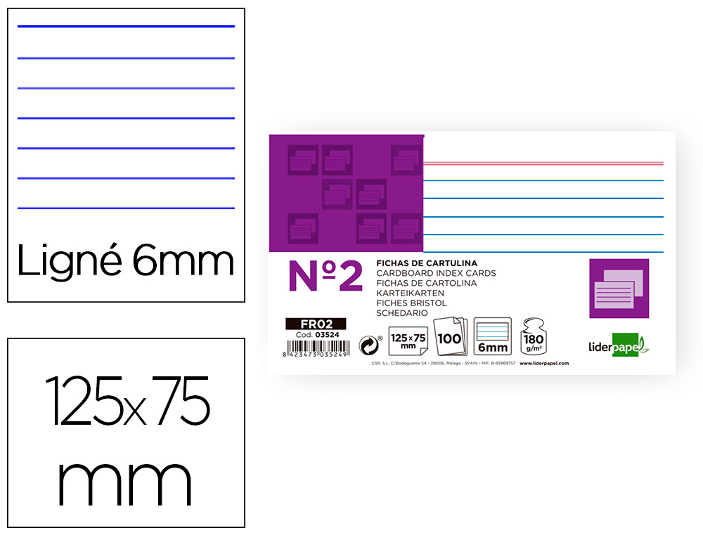 FICHA LIDERPAPEL RAYADA N2 75X125 MM 180GR PAQUETE DE 100 UNIDADES