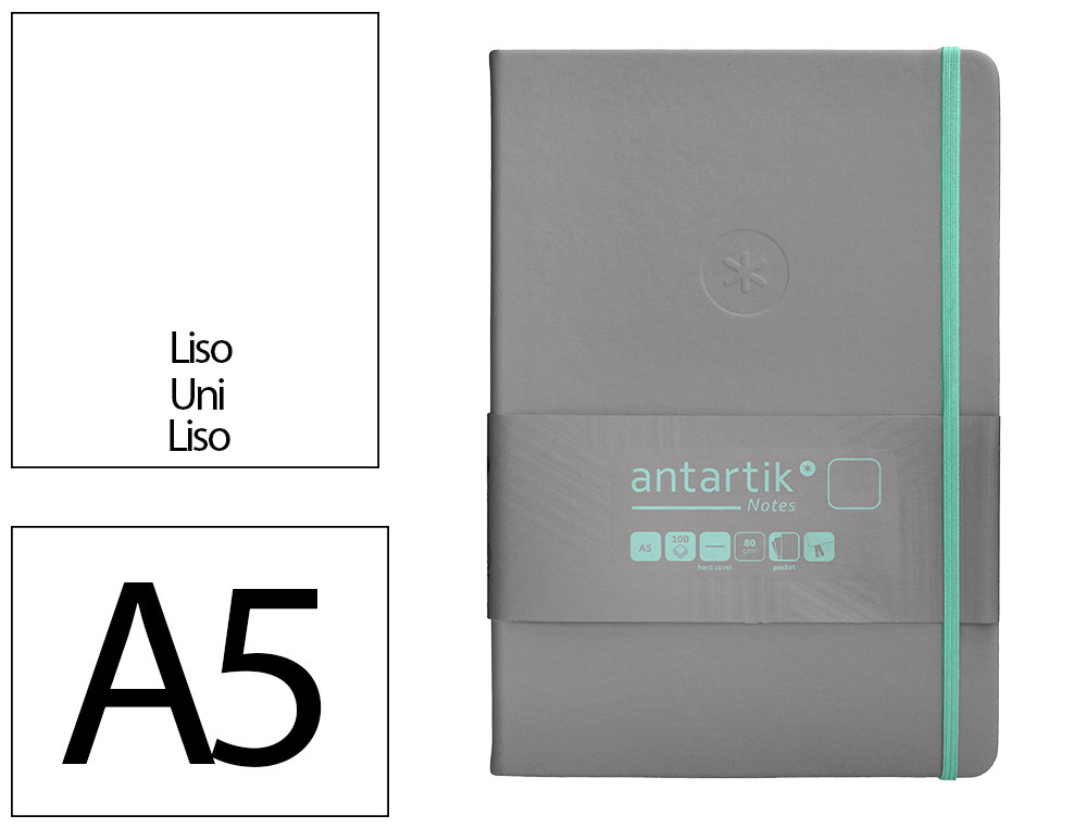 CUADERNO CON GOMILLA ANTARTIK NOTES TAPA DURA A5 HOJAS LISAS GRIS Y TURQUESA 100 HOJAS 80 GR FSC
