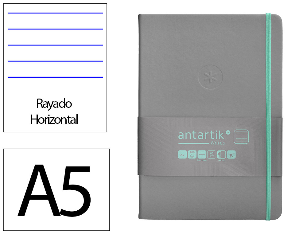 CUADERNO CON GOMILLA ANTARTIK NOTES TAPA DURA A5 HOJAS RAYAS GRIS Y TURQUESA 100 HOJAS 80 GR FSC