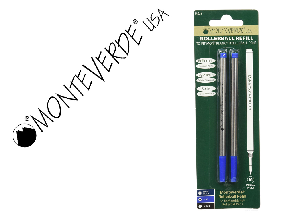 RECAMBIO ROLLER GEL MONTEVERDE COMPATIBLE CON LOS DE MONTBLANC BLISTER 2 UNIDADES COLOR AZUL PUNTA MEDIA