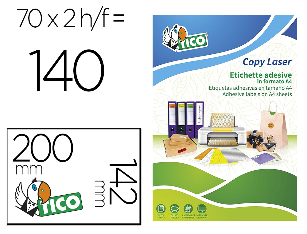 ETIQUETA ADHESIVA TICO ROJO FLUOR PERMANENTE FSC LASER/ INKJET/FOTOCOPIA 200X142 MM CAJA DE 140 UNIDADES
