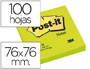 BLOC DE NOTAS ADHESIVAS QUITA Y PON POST-IT 76X76 MM VERDE NEON CON 100 HOJAS