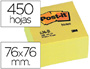 BLOC DE NOTAS ADHESIVAS QUITA Y PON POST-IT 76X76X45 MM CUBO COLOR AMARILLO 450 HOJAS