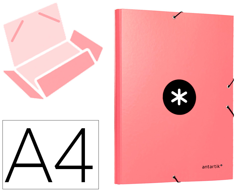 CARPETA LIDERPAPEL ANTARTIK GOMAS A4 3 SOLAPAS CARTON FORRADO COLOR CORAL